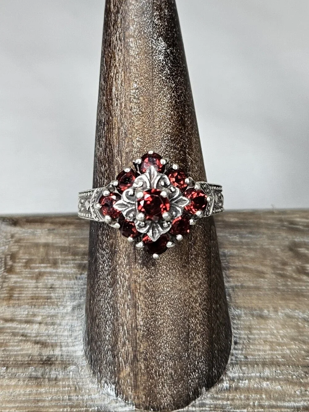 Pranda CNA Vintage Sterling Silver Garnet Marcasite Square Halo Ring Size 8